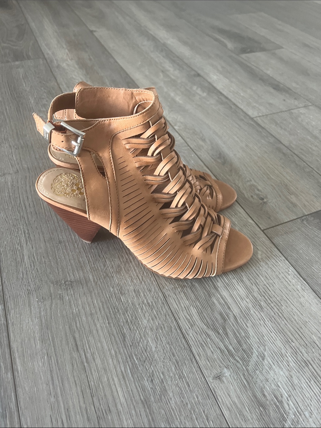 Vince Camuto Woven Open-Toe Heels In Tan
